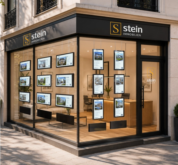 Digitales Immobilien-Schaufenster mit leuchtenden Exposé-Displays
